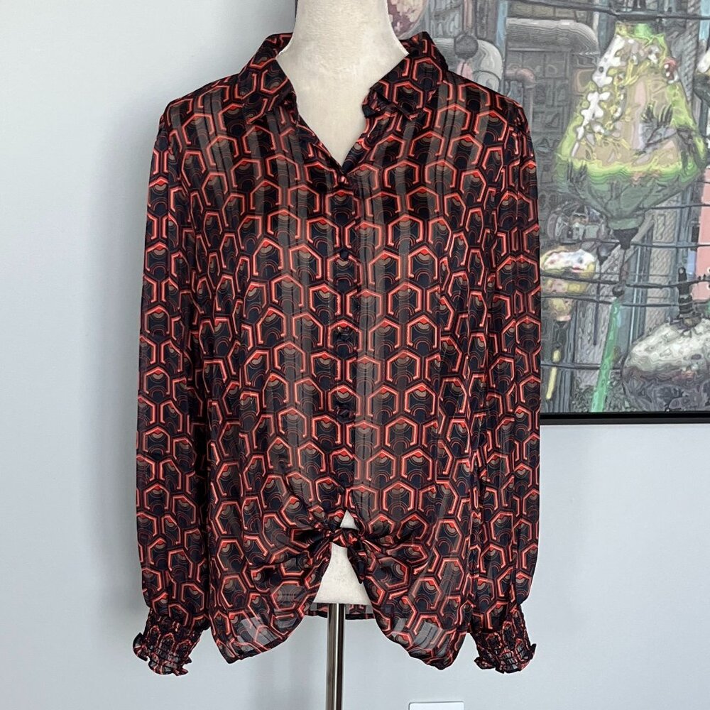 Autres Filles Orange and Navy Geometric Print Blouse XL